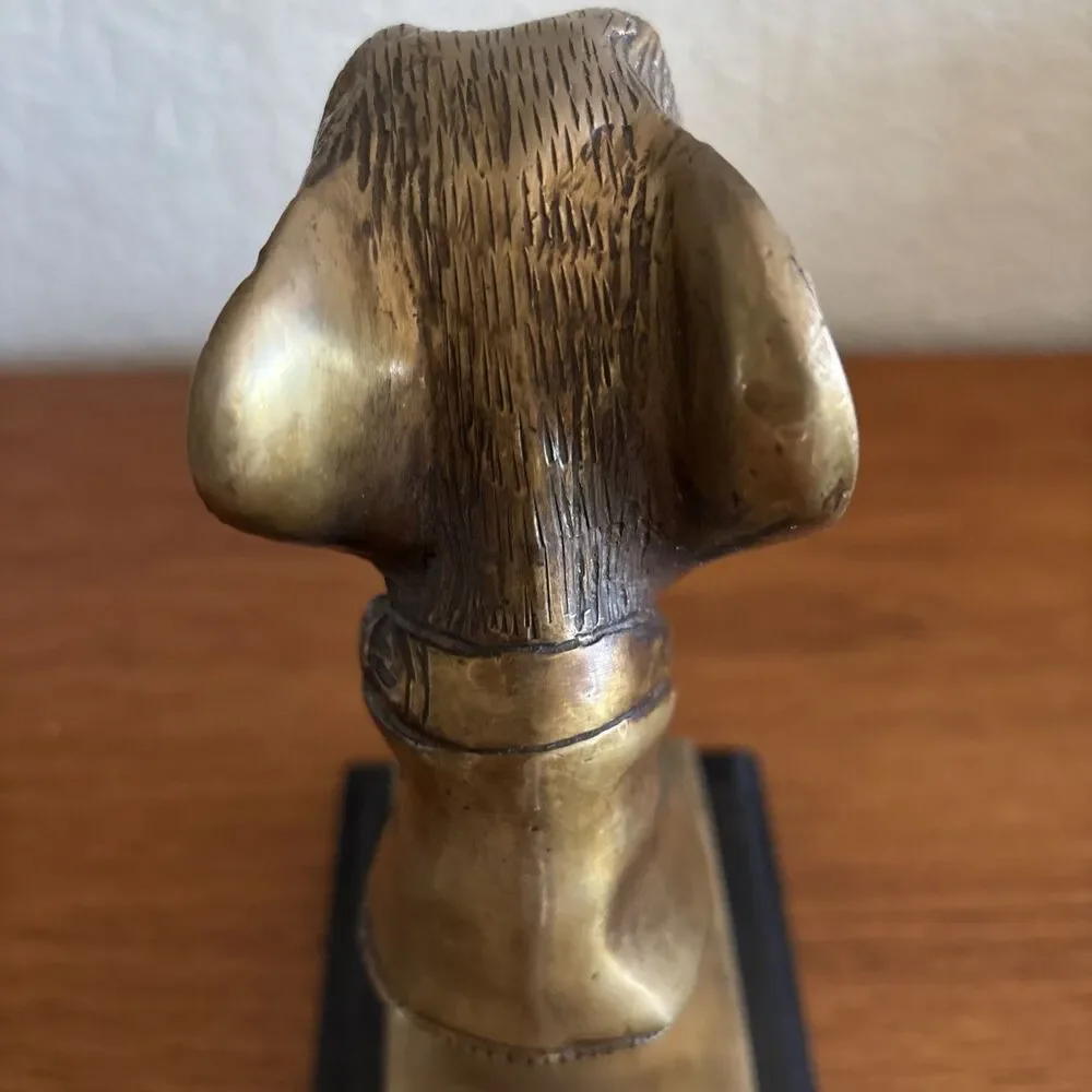 Vintage Brass Greyhound Bust Sculpture Wood Base Whippet Dog Bookend 8”